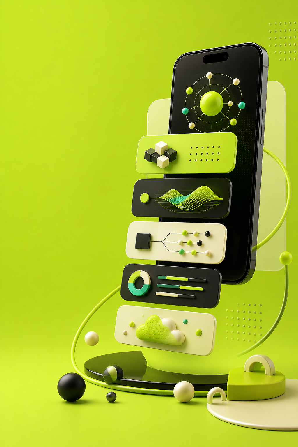 A floating smartphone and stacked cards representing an AI venture link hub